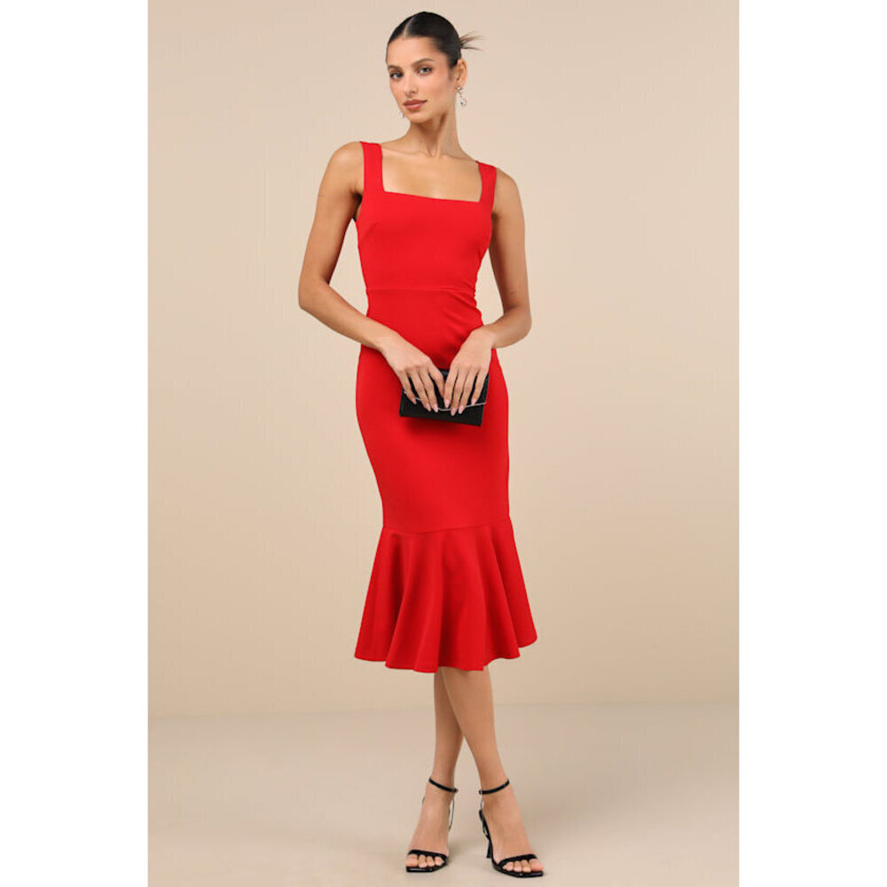NEW-never worn: Lulus Moment Maker Red Square Neck Trumpet Midi Dress - Size S
